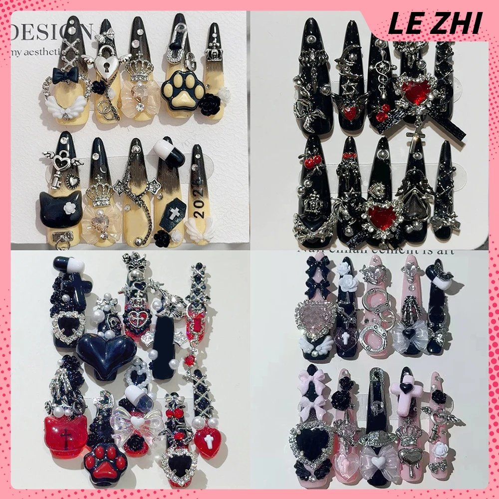 

Dark Gothic Spice Girl Handmade Long Stiletto Reusable Press On Nails Metal Spider Wings Flower Bowknot Cat Paws Pearl Fake Nail