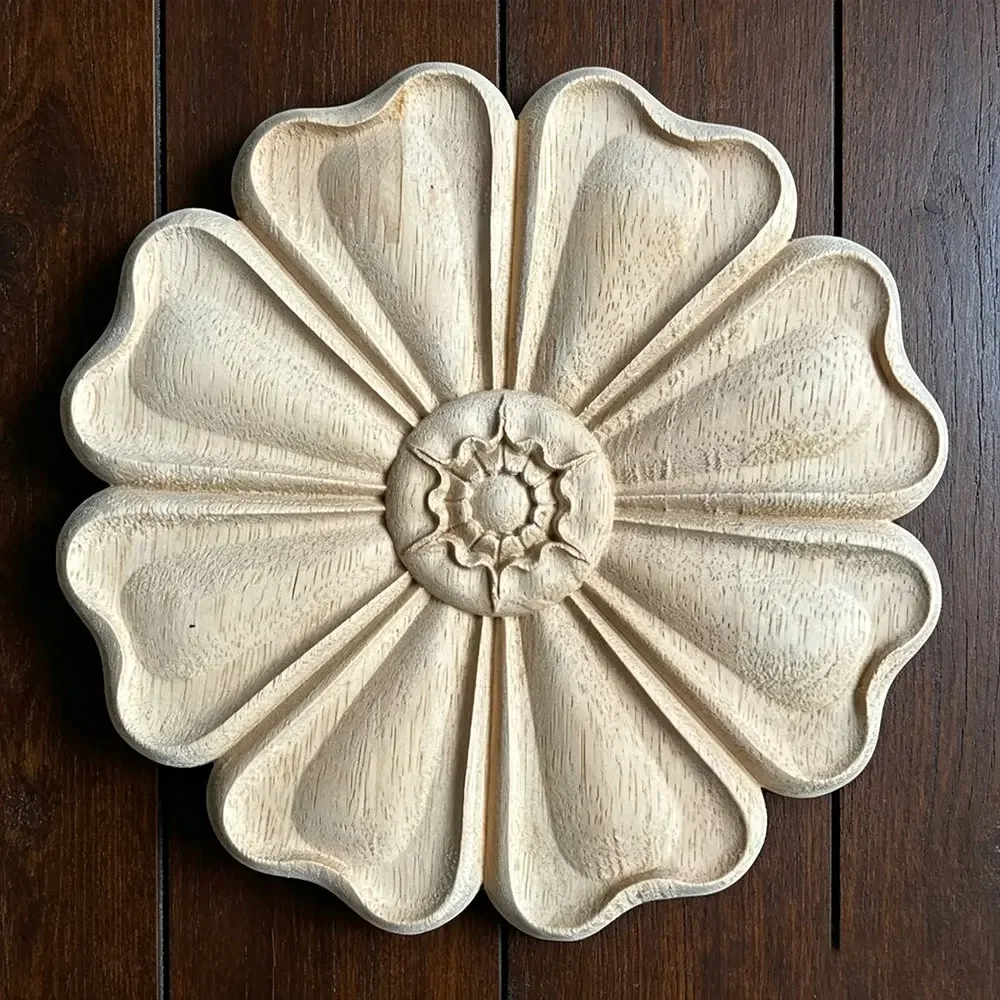 20cm 30cm Round Wood Applique Wood Decal Wood Mouldings Onlay Unpainted European Carving Long Floral Wooden Furniture Decoration
