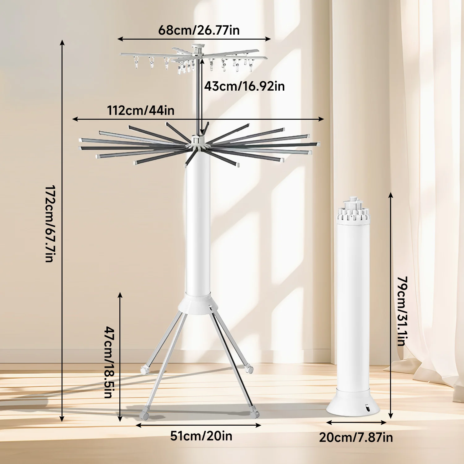 1/2 Layer Foldable Cylinder Drying Rack with Wheels Octopus Retractable clothes Drying Rack with 16 Clothes Drying Rod and Clips