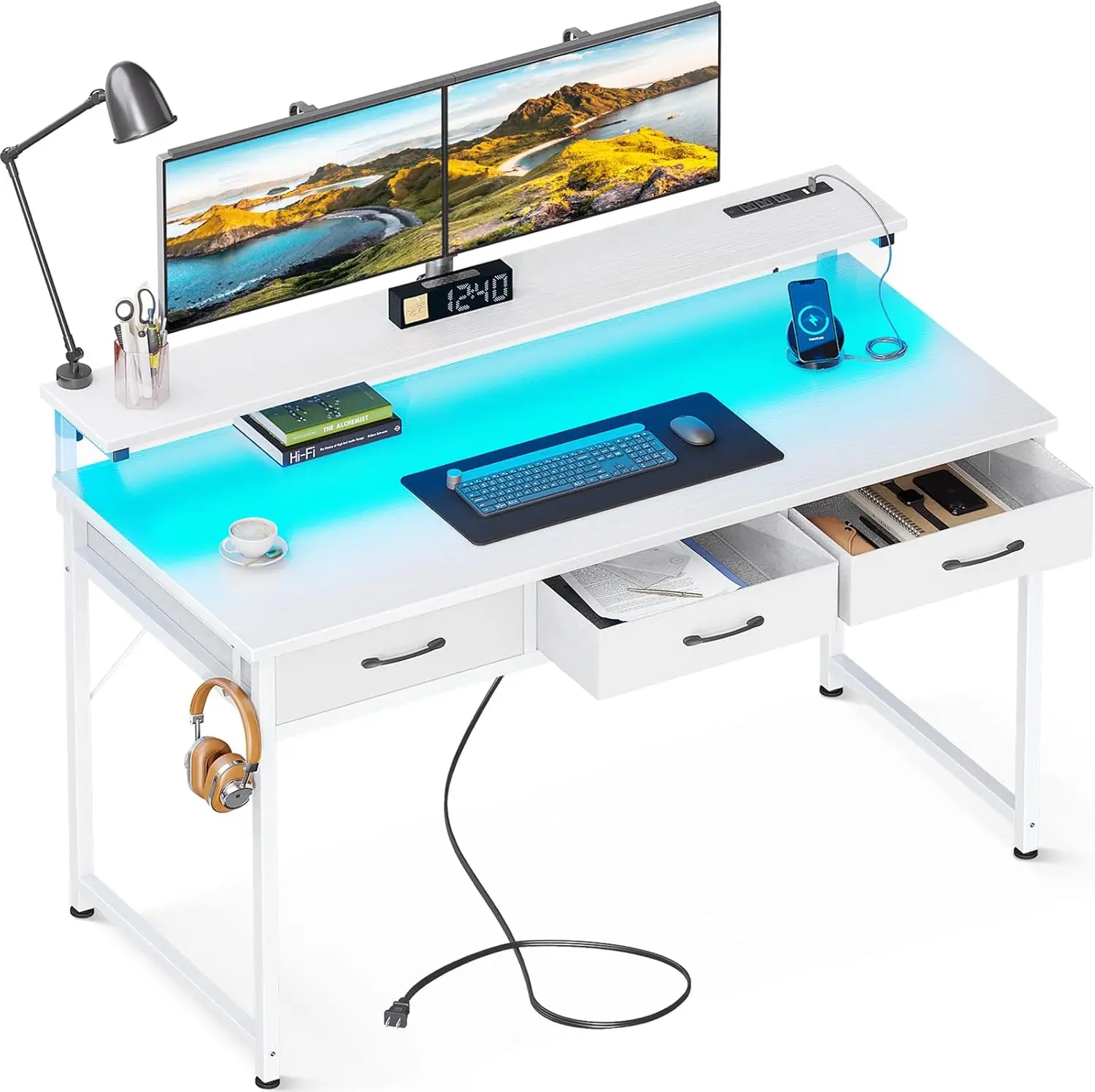 Bureau d'ordinateur avec lumières LED et support de moniteur réglable, prises de courant USB, bureau à domicile, 3 égouts de proximité, 55 pouces