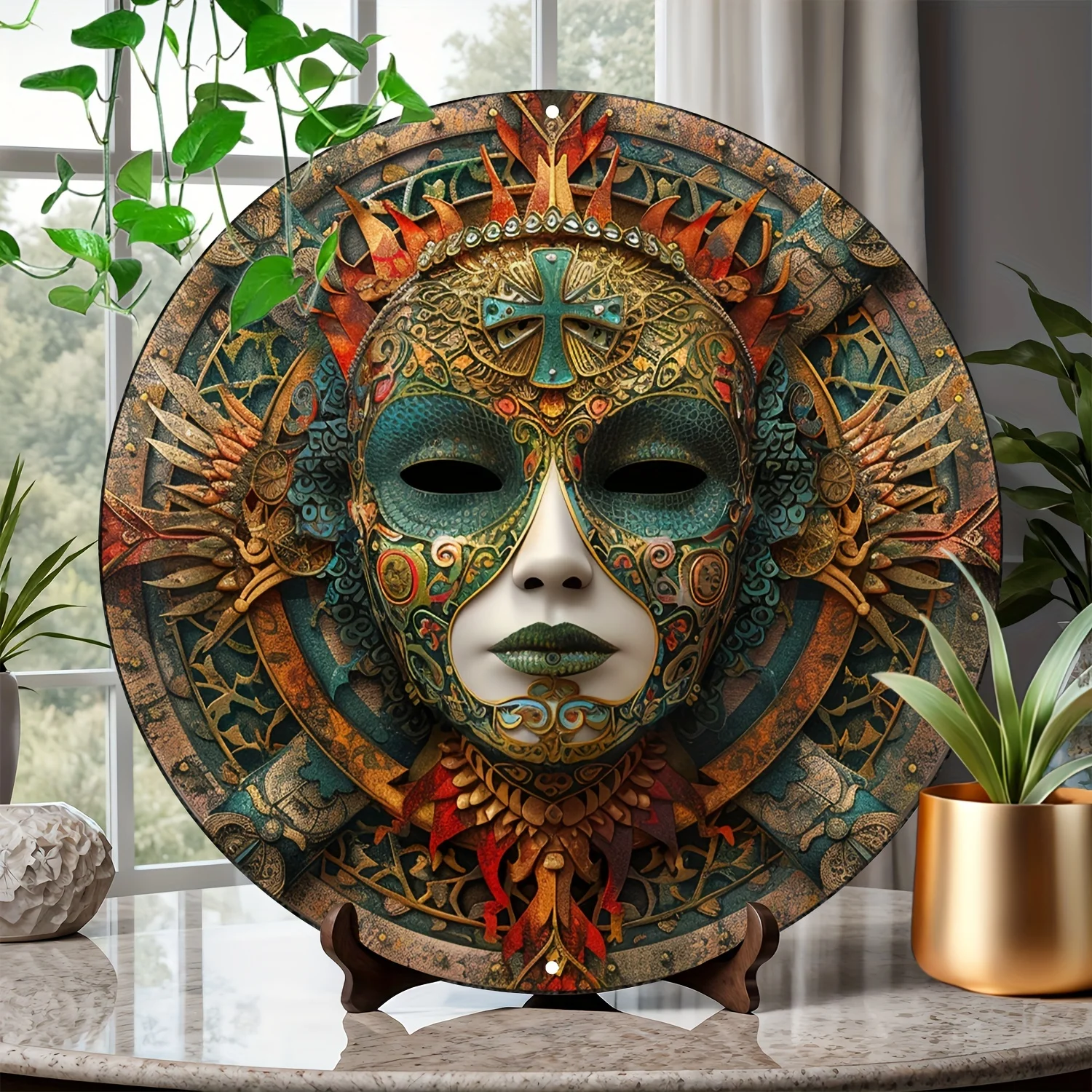 Aluminum Circular Sign Wall Art - 8x8 Inch Decorative Painting with Halloween Mask Theme - Waterproof Metal Poster for Home