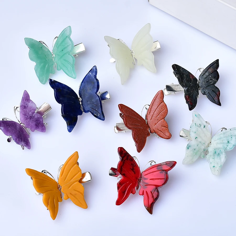 1PC Natural Crystal Color Butterfly Hair Clip Statue Crystal Amazonite Stone Healing Gemstone Crafts Enhance Charm Decor Gifts