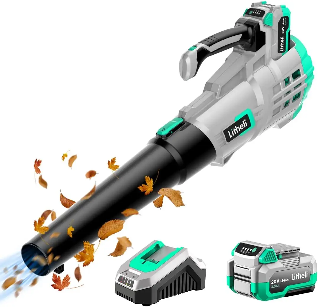 20V Cordless Leaf Blower 350 CFM 85 MPH, Variable Speeds Electric Leaf Blower Powered for Blowing Leaves, Dust, Snow, 4.0 Ah & F