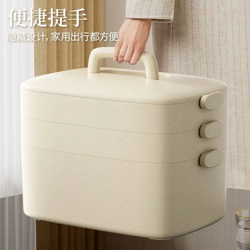 Beige 3-Layer Plastic Medicine Storage Box With Hidden Handle Portable First Aid Organizer For Home Travel Family Daily