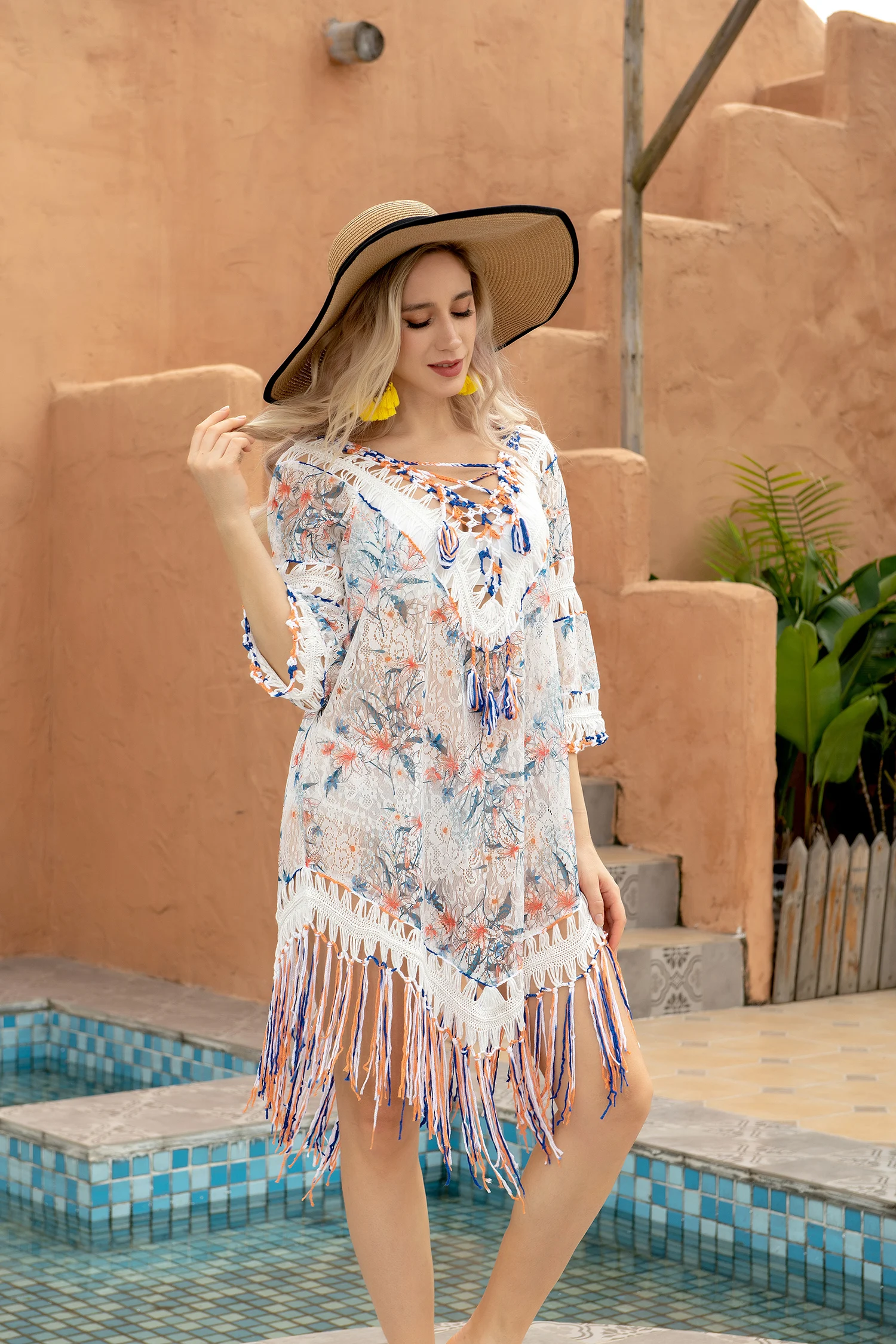 Flowers Printing Women Summer Beach Dress Bikini Cover Up Blue Orange Hollow Hand Crochet Patchwork Tassels V-neck Beachwear