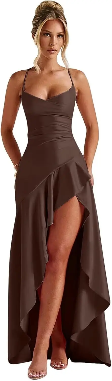 

Satin Ruffle Bridesmaid Dresses for Women Mermaid Long Prom Dress 2025 Spaghetti Straps Corset Formal Gown with Slit