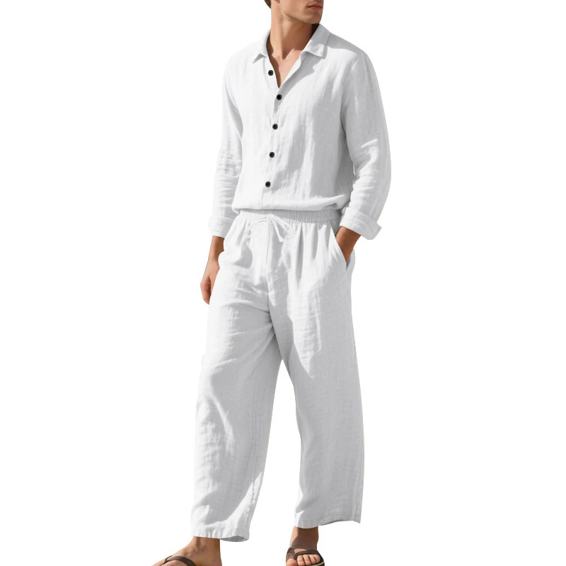 Daily Casual Loose Breathable Outfits For Mens Summer Leisure Solid Color Long Sleeve Linen Shirt And Pants Two Piece Mens Sets