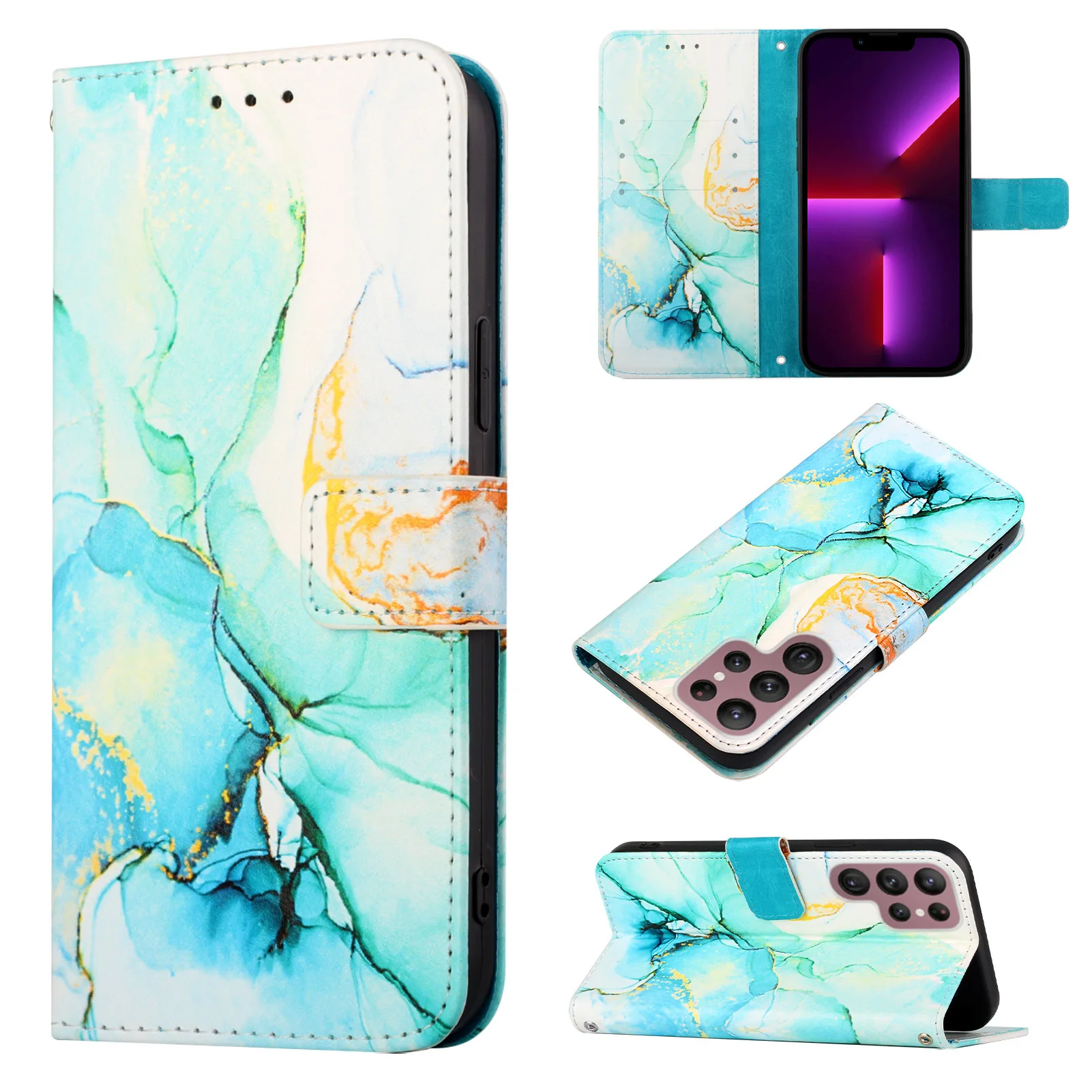 Capa Carteira Transversal de Couro com Estampa de Mármore para BLU Bold K10 G53 G64 G54 Bold K50 C9 View 5 Pro Speed com Alça de Pulso e Flip Cover para 3 Cartões
