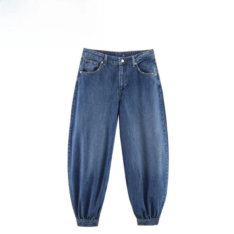 Fashionable Balloon Denim Jeans Women's Casual Style Natural Waist Buckle Strap Polyester Fiber Stretchable Leisure Pants