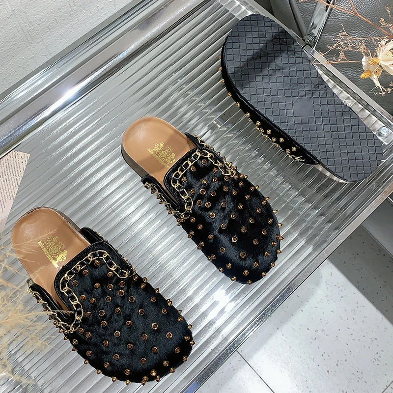 Luxury Flats Slides Slippers Women Shoes Fur Mules Winter Autumn Female Comfortable Ladies Flats With Slippers Leopard Print