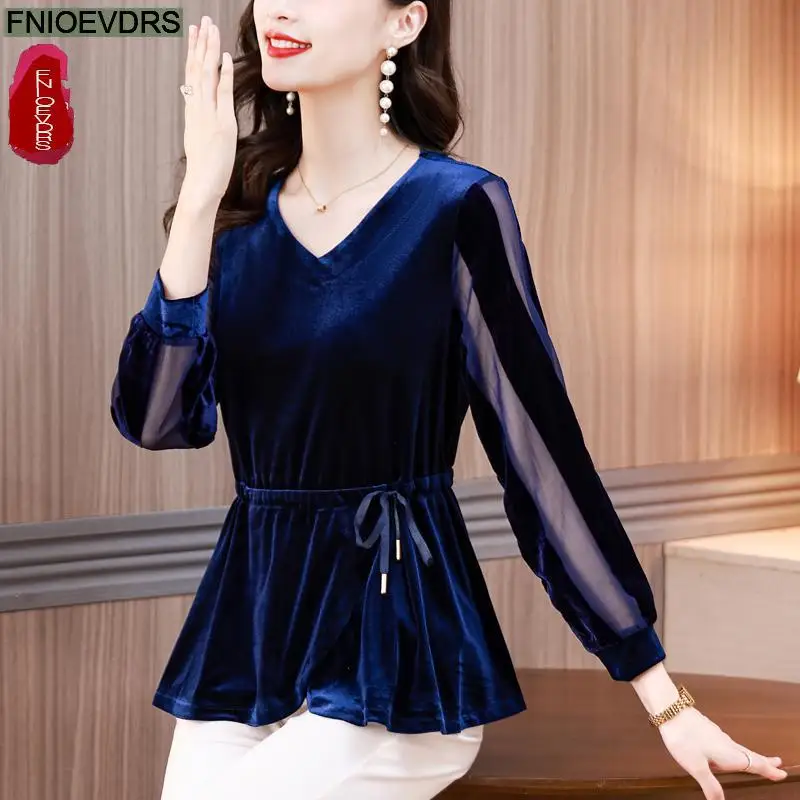 M-5XL Ruffles Bow Tunic Tops 2023 Women Long Sleeve Elegant Office Lady Belly Design Bling Button Warm Velvet Peplum Top Blouses