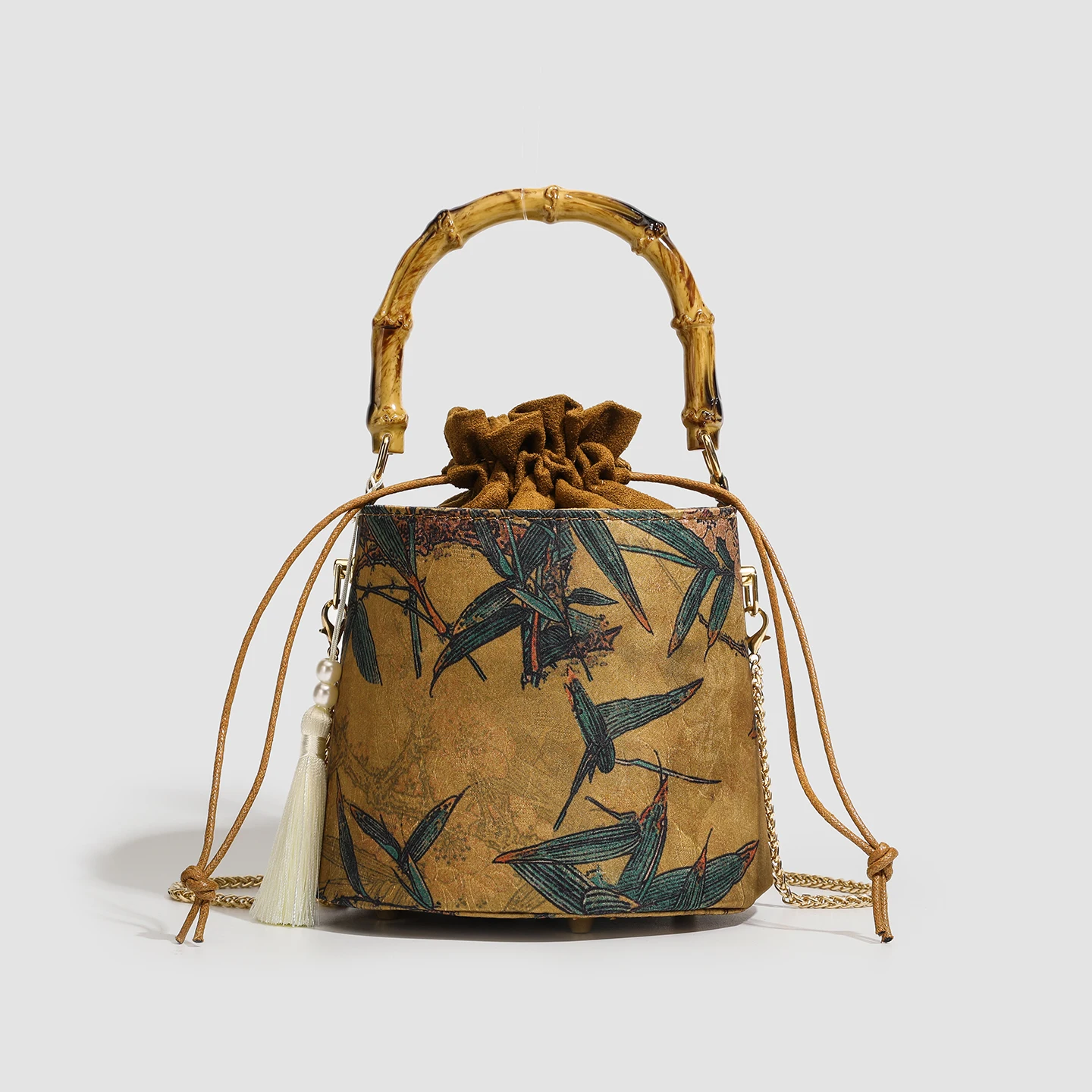 

Retro Chinese style ladies embroidered velvet ring bamboo handle bucket handbag festive bamboo design floral cheongsam shoulder