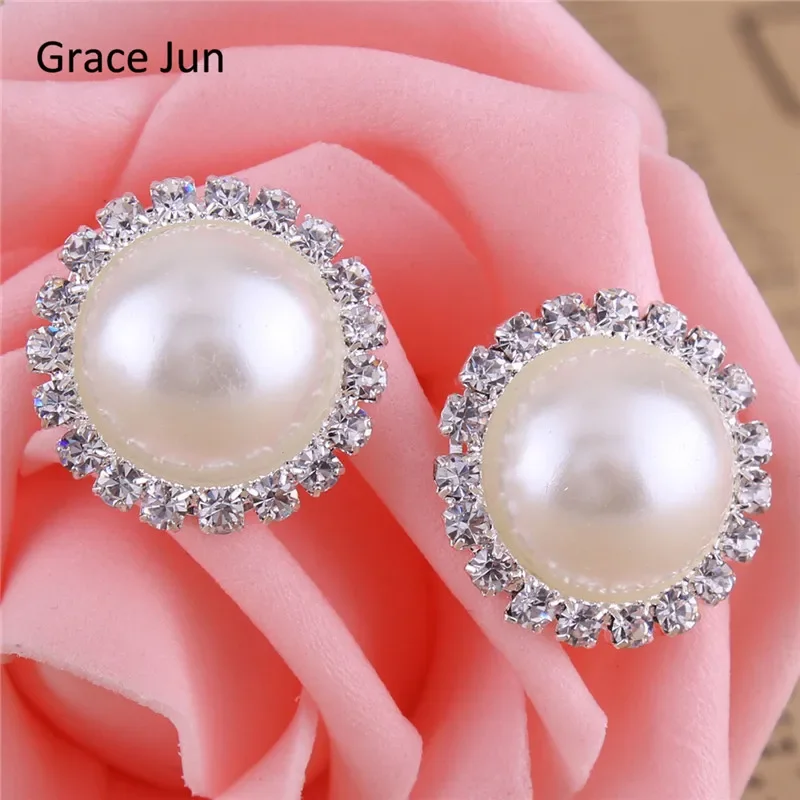 Grace Jun New Design Double Round Shape Rhinestone Clip on Earrings Without Piercing Fashion Simulated Pearl Ear Clip