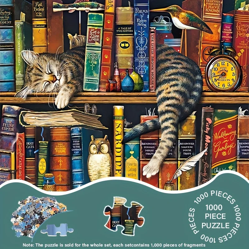 

1000 Pieces Jigsaw Puzzle for Adults Cat on Bookshelf Environmentally Friendly Paper Christmas Gift Toy 19.7 x 27.6 inches