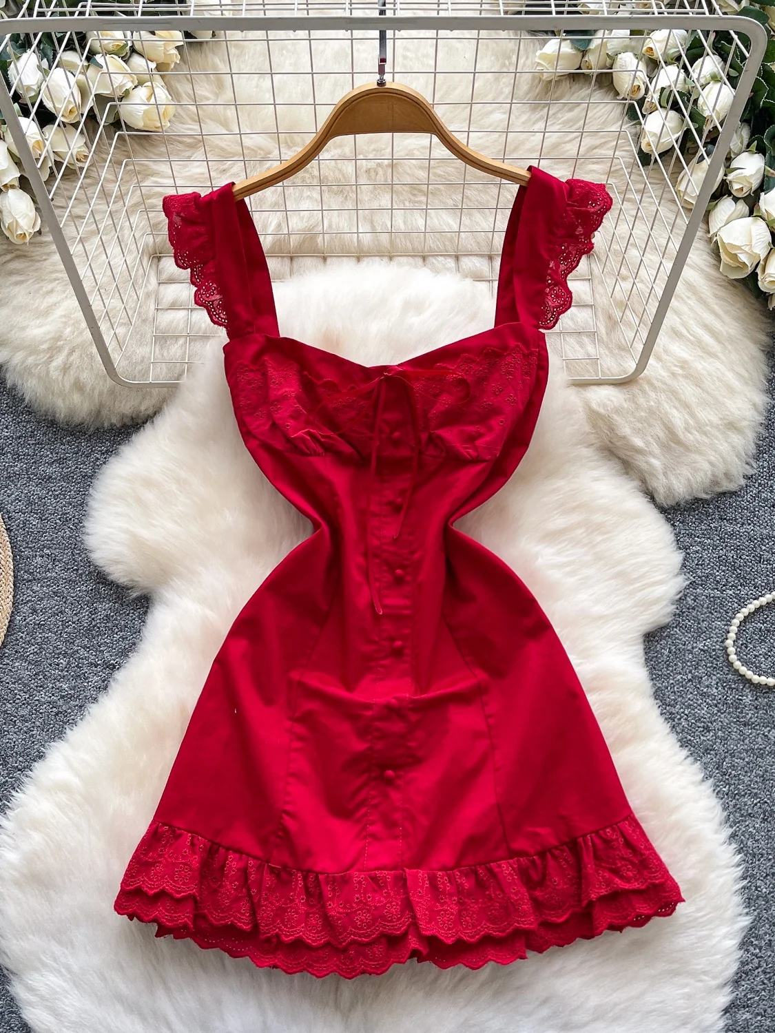 Red Sexy Pure Desire Strap Dress Women's Summer Romantic Vacation Short Skirt Korean Style High Waist Polyester Fiber A-Line ...