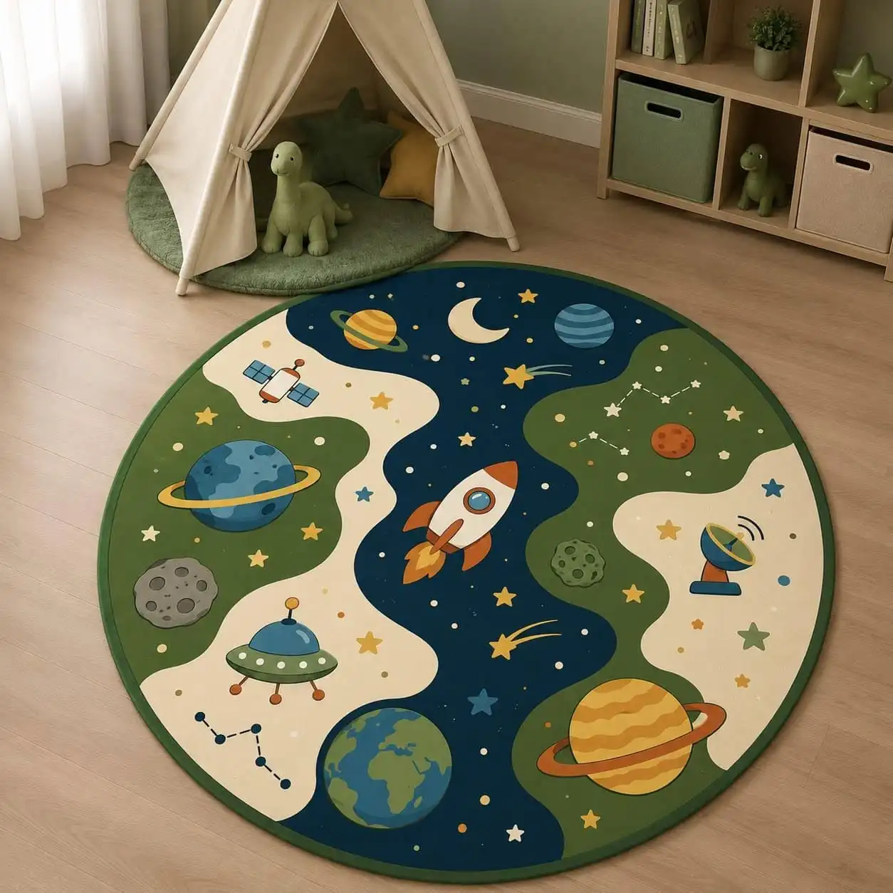 Round Area Rug Space Rocket Planets Moon Stars Design Print for Living Room Home Decor