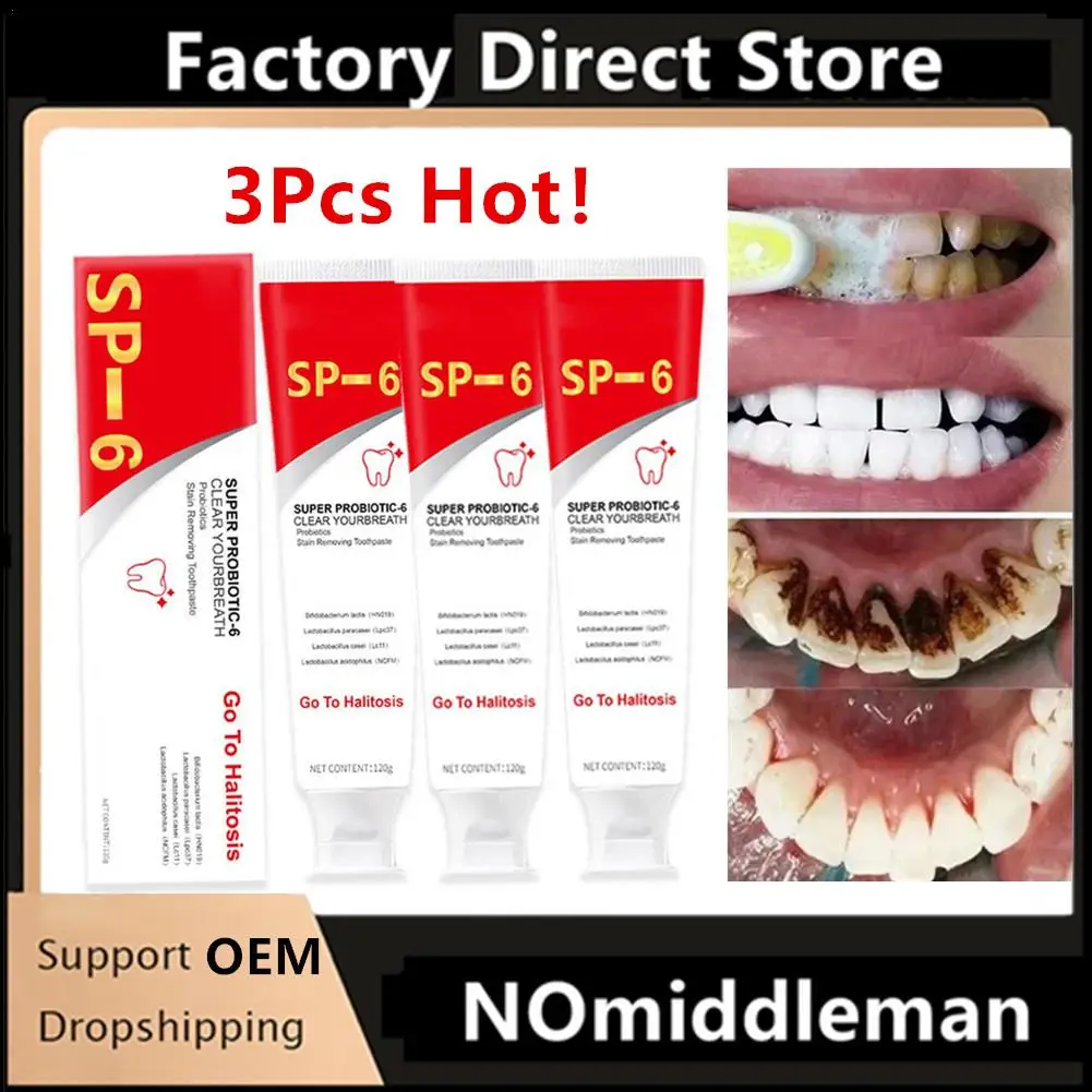 

3Pcs SP-6 Probiotic Whitening Stain Removal Toothpaste Freshens Breath Improves Yellow Teeth Probiotic Toothpaste Fresh Care