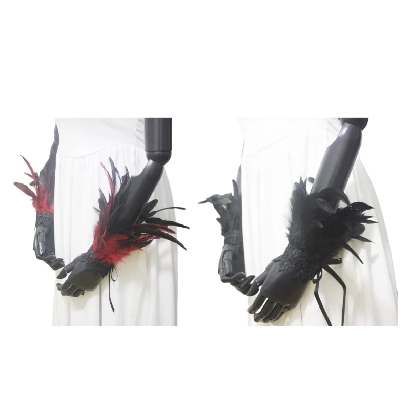 Detachable Feather Wristband for Halloween Gothic Girls Elastic Wristband Decorative Cuffs Woman Taking Photo Wristband