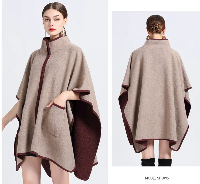 Autumn Winter New Stand Collar Pocket Zipper Cape Knitted Cardigan Woolen Coat Female Ponchos Capes Khaki Cloaks