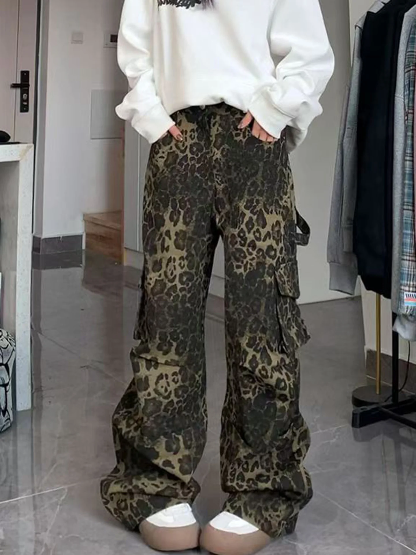 

American Retro High Street Leopard Print Workwear Jeans Women Casual Harajuku BF Sle Design Wide Leg Pants