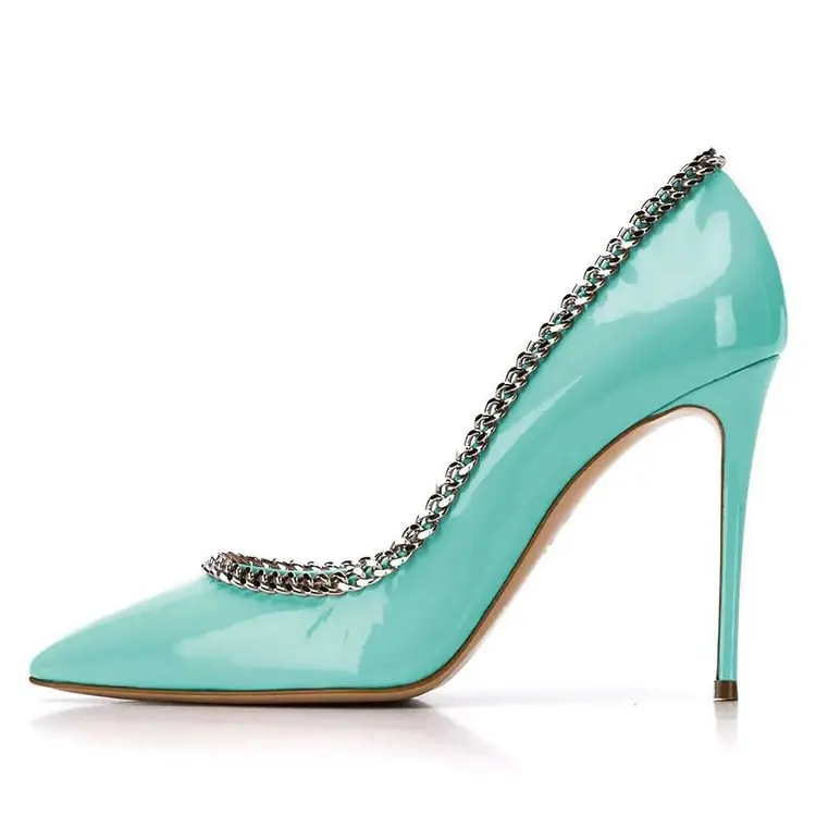 Patent Leather Colorful Metal Chains Pointed Toe Women Pumps Shoes Stiletto High Heels Slip On Design Large Size Shoes