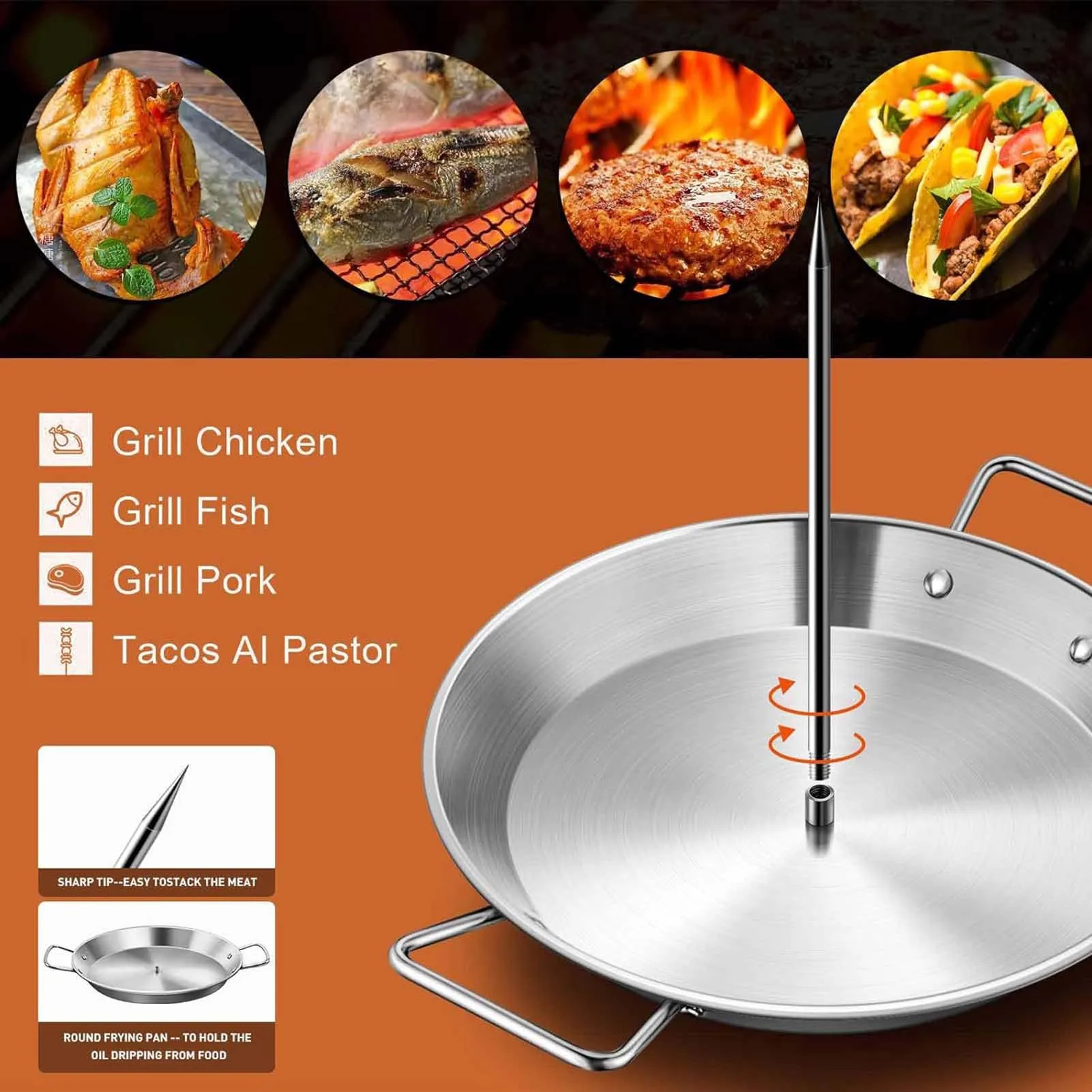 Vertical Brazilian Barbecue Skewer Set with Removable Grilling Meat Spit Round Base Suitable for Whole Chicken Sausage