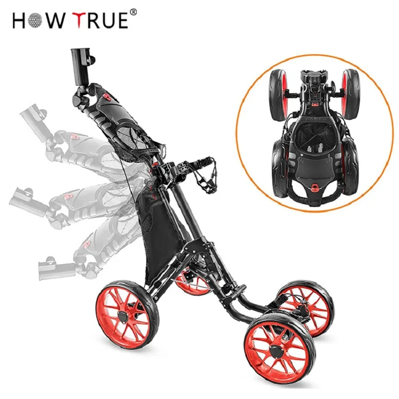 Folding Aluminum Alloy Golf Trolley 4 Wheels Golf Bag Pull Push Cart Umbrella Cup Holder Adjustable Trolley with Footbrake