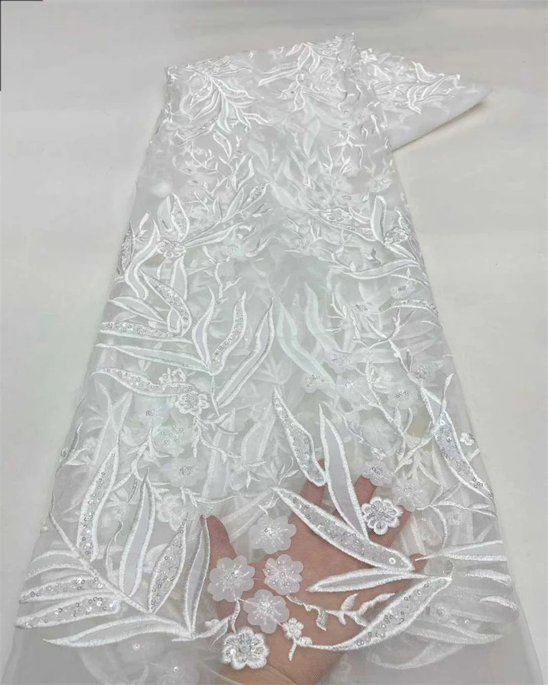 

African French Sequined Lace Fabrics High Quality Tulle Lace 5 Yards Nigerian Embroidered Dress Material For Party Wedding