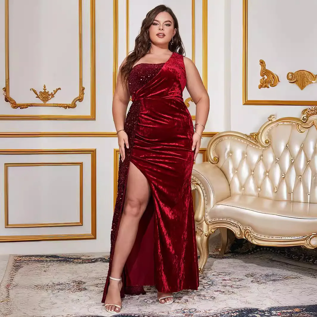 

Plus Size Long Evening Dresses V-Neck Formal Prom Dress Side Slit Red Prom Party Gown Off the Shoulder Sequined Evening Dress