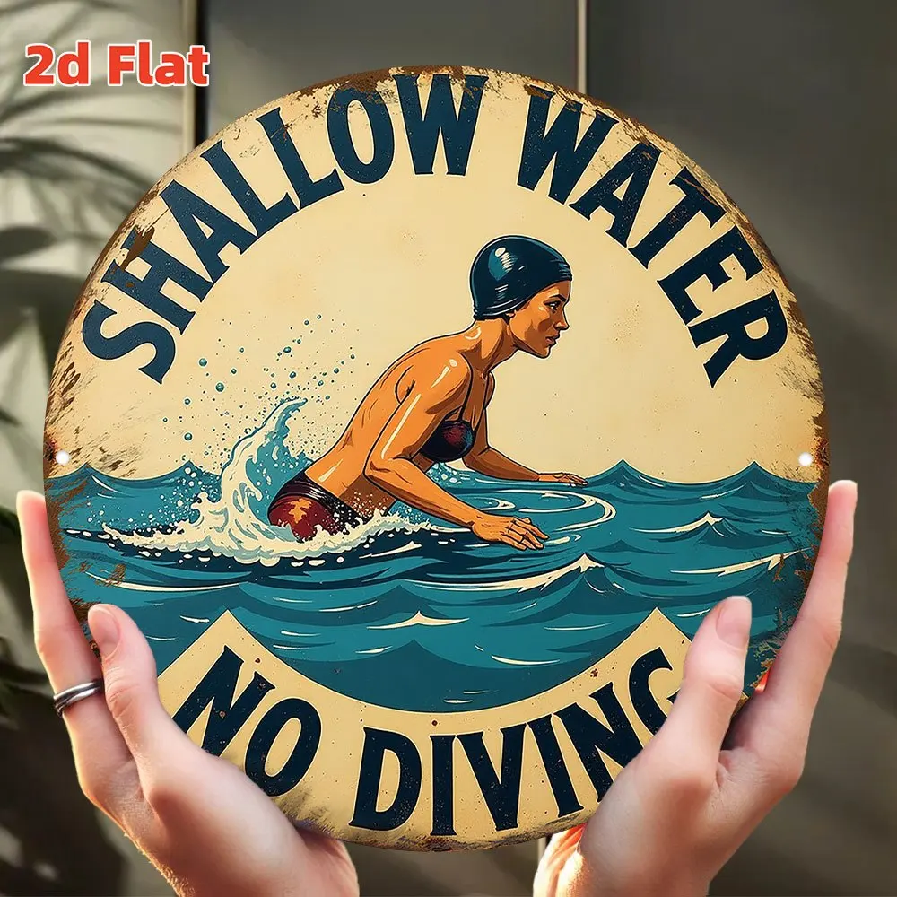 2D Flat, Heavy-Duty Waterproof Aluminum No Diving Sign Suitable for Pool, Spa, Gym, Bathroom - Retro Vintage Shallow Water Warni