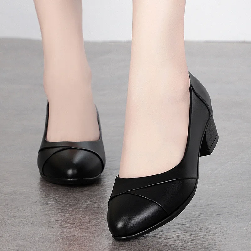 

4cm Breathable Comfortable Soft Leather Shoes Med Block Heels Fall 2025 Women's Shallow Loafers Black for Office Mom Work Dress