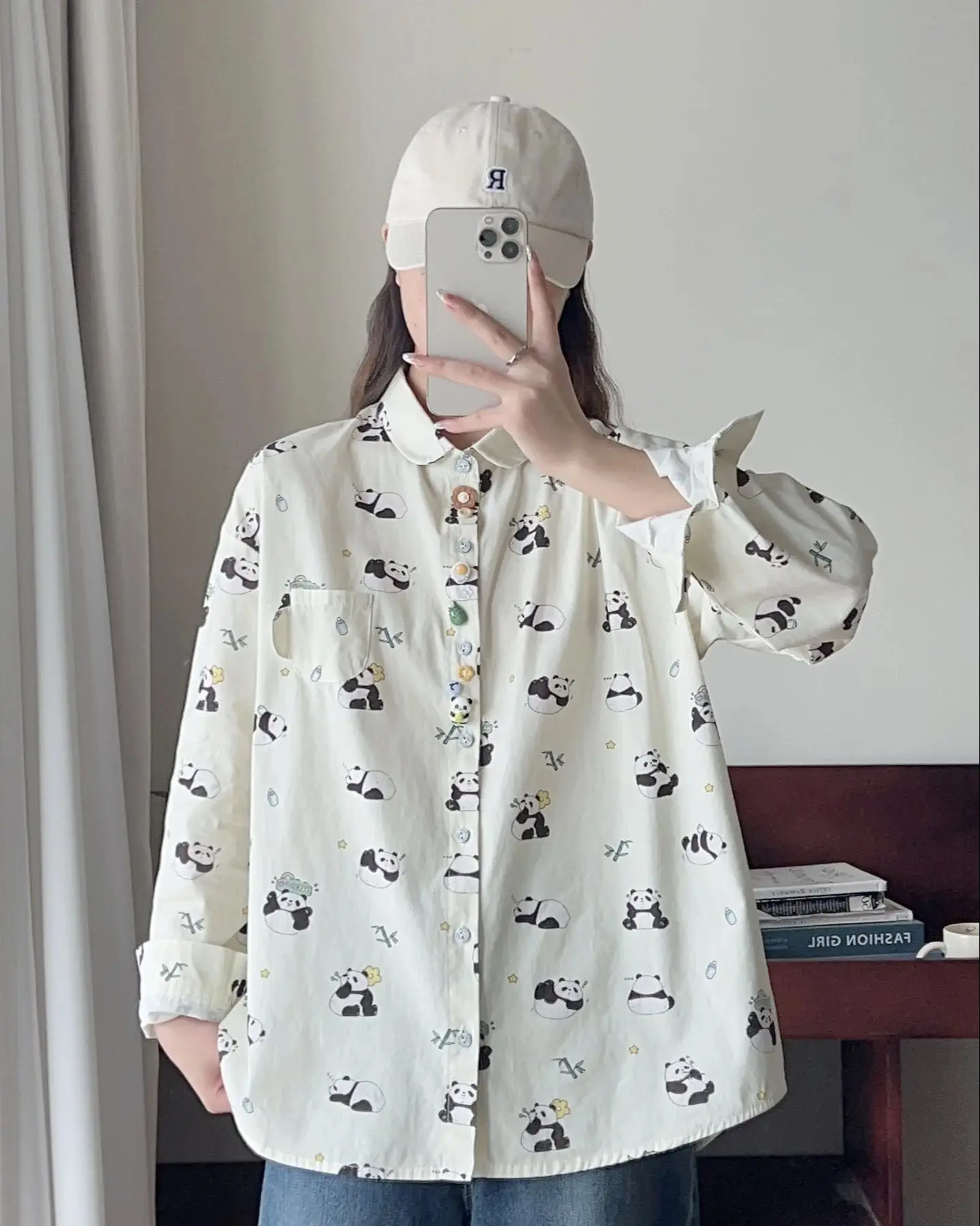 New Autumn Cotton Shirts Women Lapel Collar Tops Girl Long Sleeve Panda Print Cute Casual Peached Thick Blouses Spring T30410QM