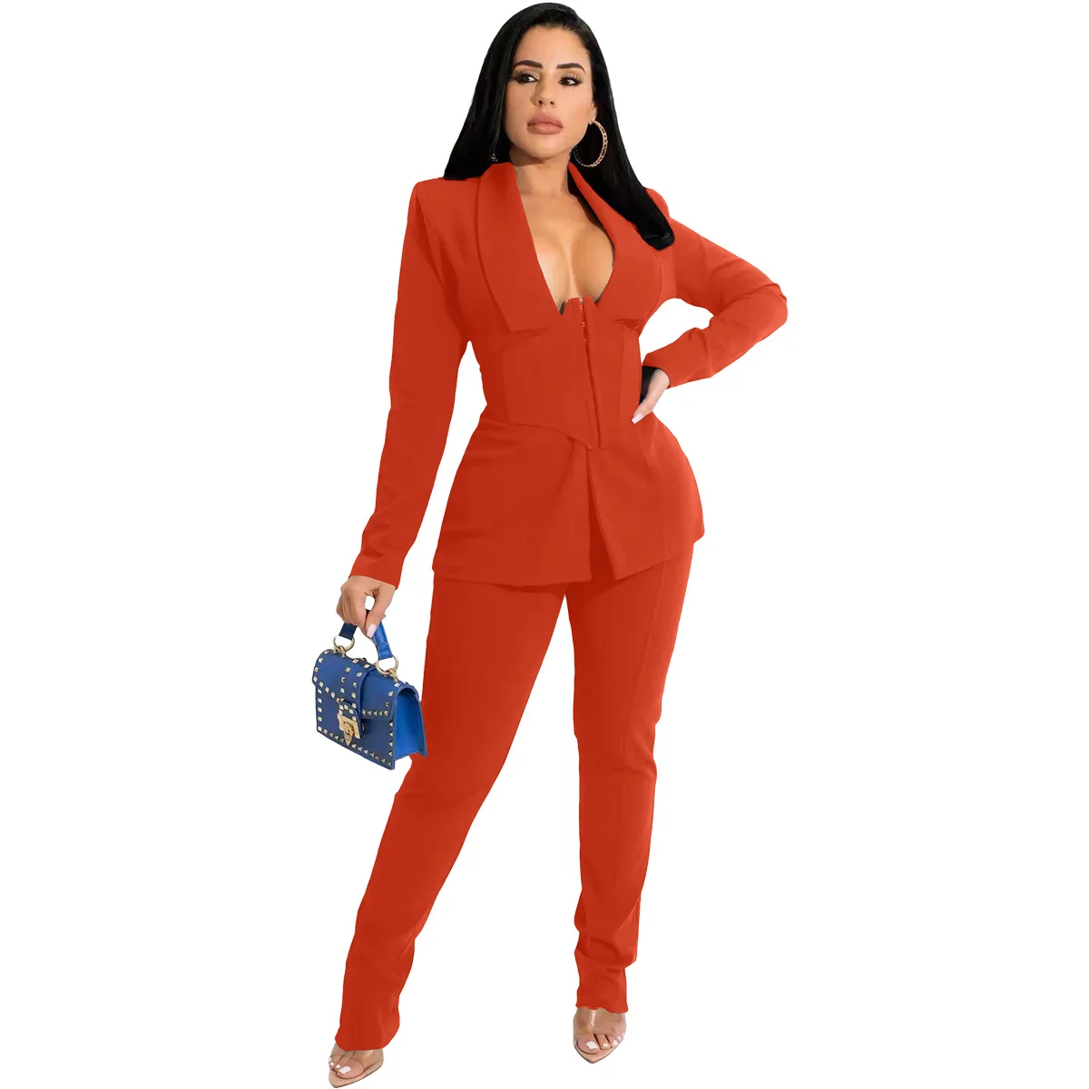 Women's Business Blazer Suit Fall Fashion Casual Female Long Sleeve Jacket & Pencil Trousers & Belt Two Piece Uniform Set