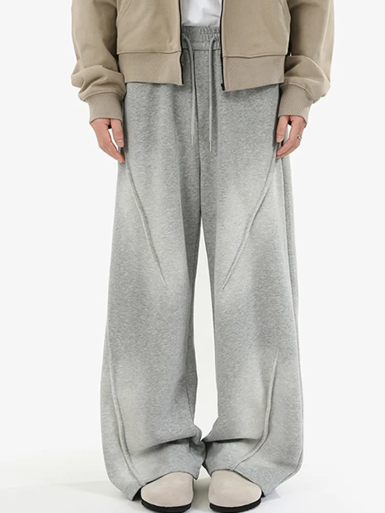 American Style Men's Sweatpants Solid Color Elastic Waist Washing Deconstruction Straight Leg Drawstring Male Pants JFYD0
