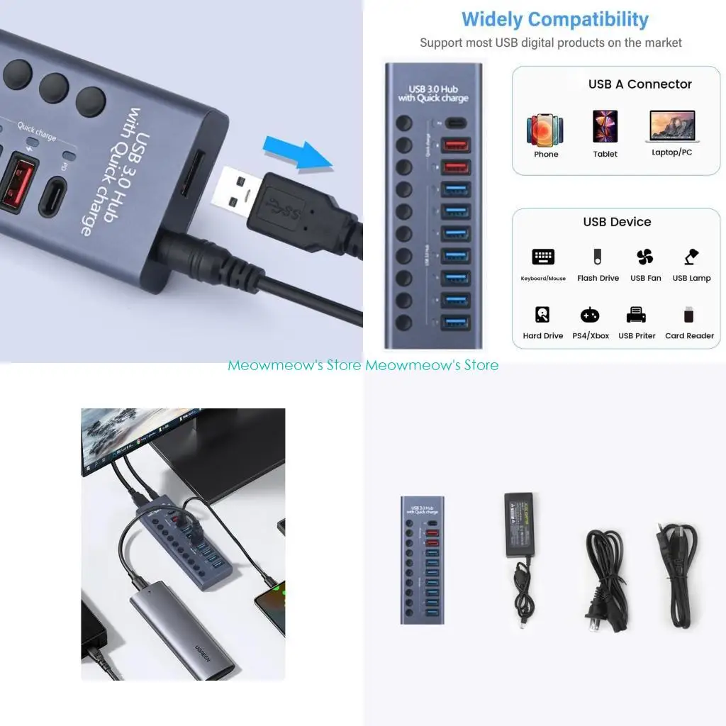 

W91A USB 10-портовый концентратор-концентратор USB алюминиевый разветвитель концентратора 12 В, 5 А, 60 Вт, адаптер