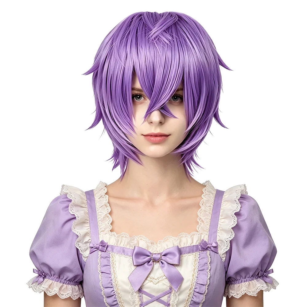 Light Lavender Purple Short Spiky Layered Cosplay Wig Unisex Fluffy Anime High Temp Synthetic Hair For Halloween Party Daily