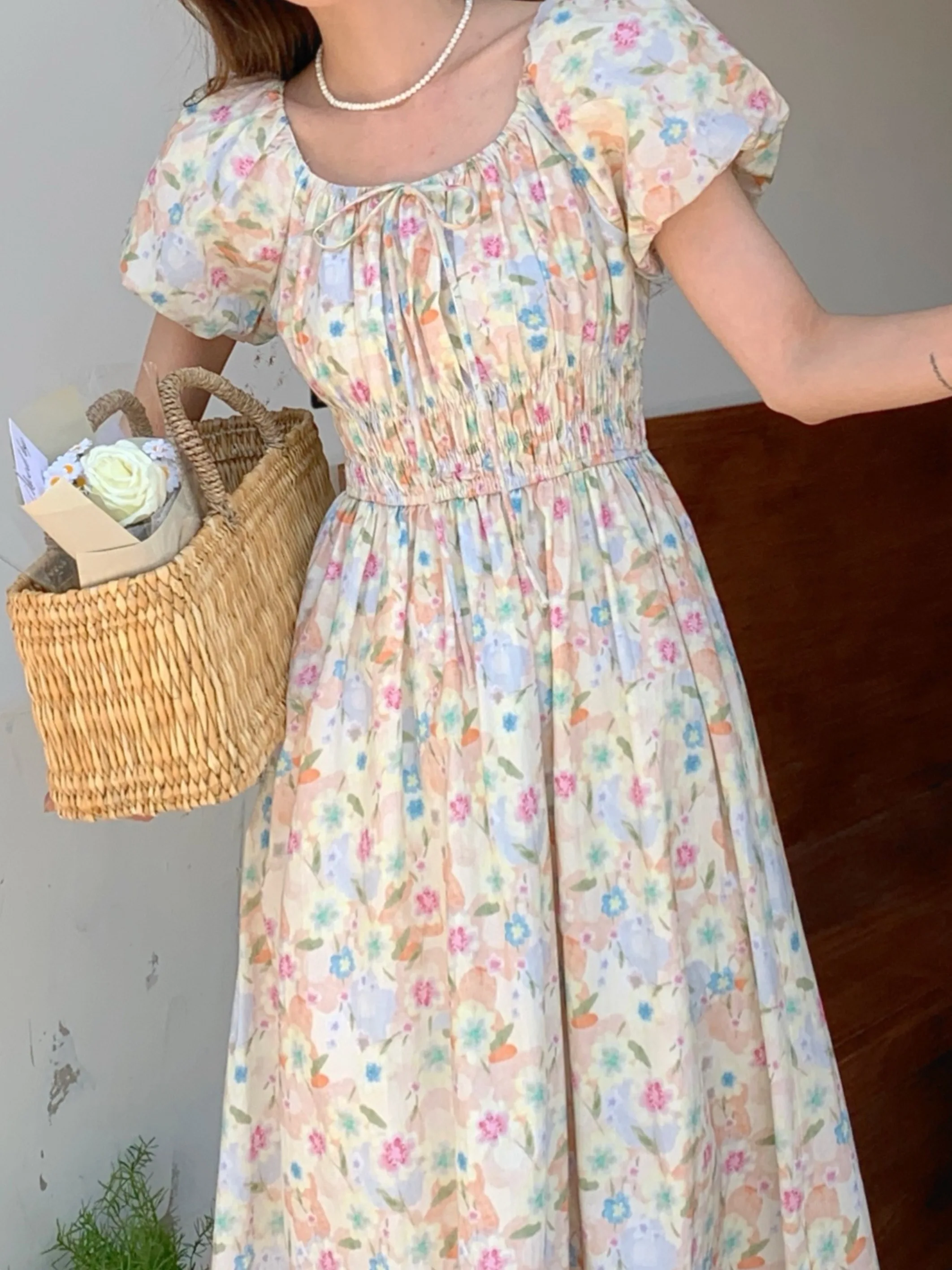 Retro Romantic Pleated Bubble Sve Dr Women's Summer New Waist-Cinching Slimming Tea Break Long Dr Commute Sle Squa...