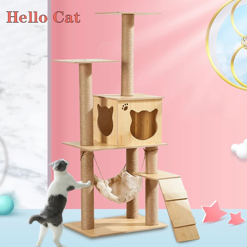 

Large Cat Tree House Sisal Rope Scratching Posts Multi-layer Cat Tower with Kitten Condo Wear-Resistant Toys Cat Climbing Frame