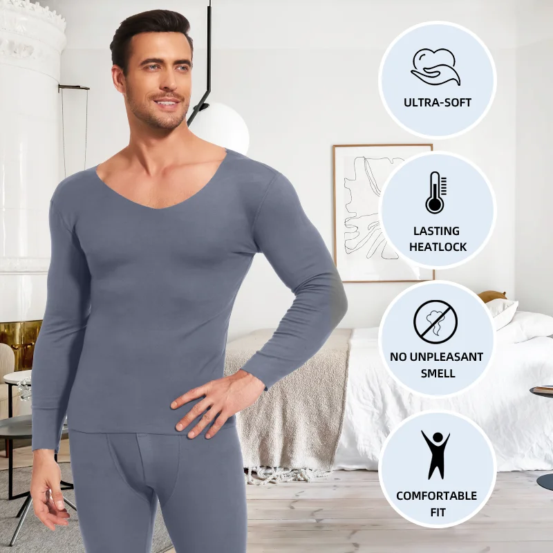 Thermal Underwear Set for Men Winter Comfortable V Neck Long Johns Seamless Men\'s Top and Bottom Soft Warm Clothes Quick-Heating