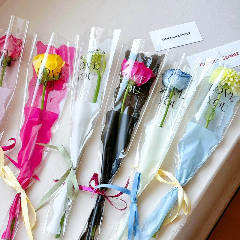 10 Pcs Valentine's Day Single Rose Flower Wrapping Bag Bouquet Packaging Bags Clear Floral Wrappers