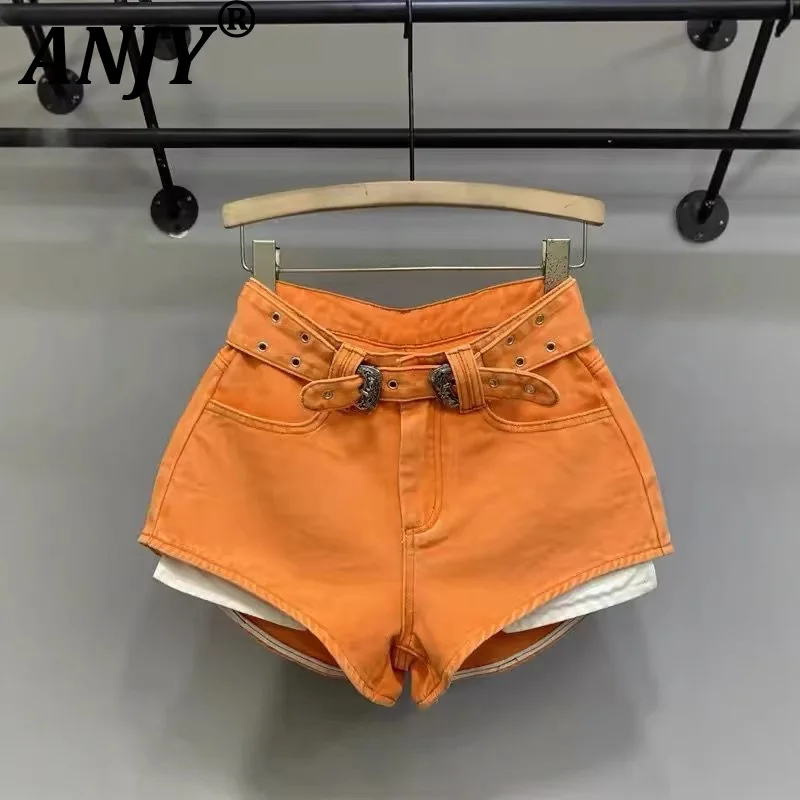 

ANJY Summer New Women Stylish Hot Girl Washed Sashes Denim Shorts Trend Versatile Exposed Pockets Design A-line Hot Pants A22266