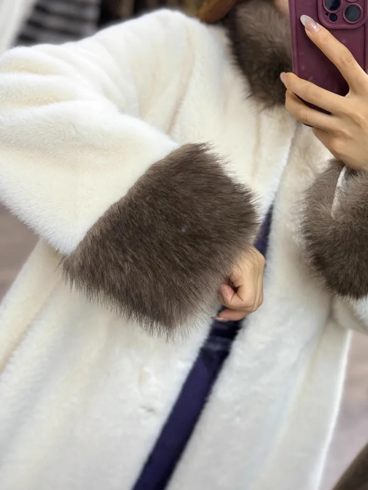 ZMEENNA Abrigo de piel sintética de invierno para mujer elegante Chaqueta larga de felpa blanca elegante de longitud completa con puños de contraste ZM3726