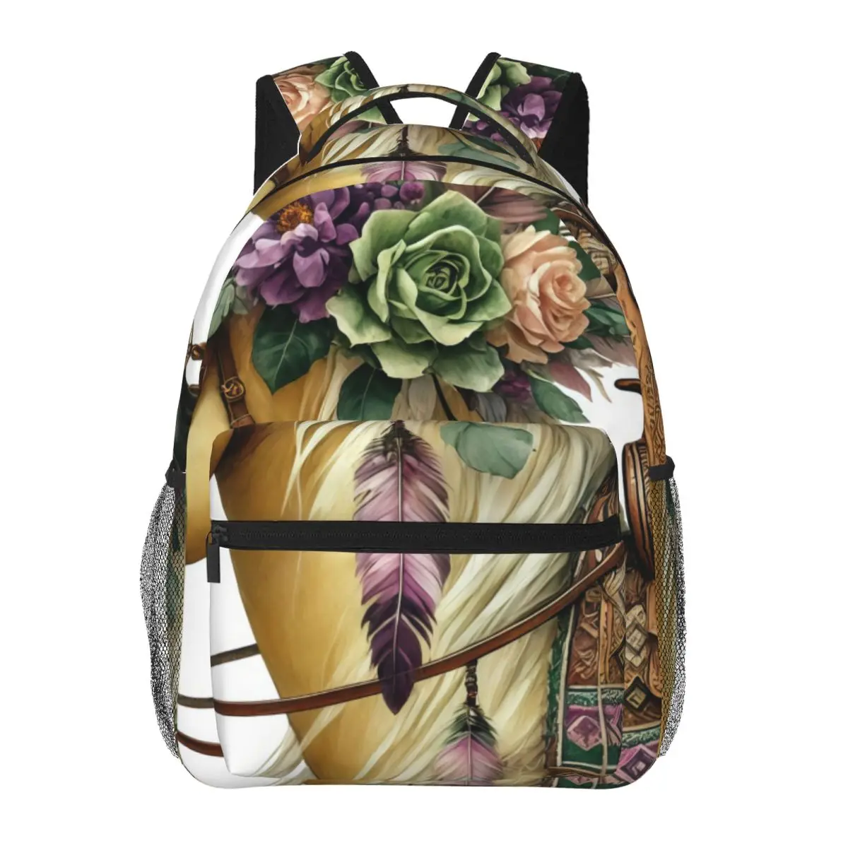 Lilac Cute Student Backpack Clustered Horse Feathers Flowers Saddle Boho Western Cream Purple Green Trendy Bookbag for Women Men