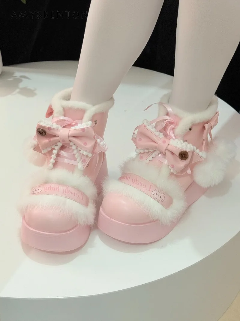 

Original Lolita Round Toe Sweet Cute Bow Thick Sole Winter Thickened Plush Boots Japanese Cartoon Embroidery Thickened Boots