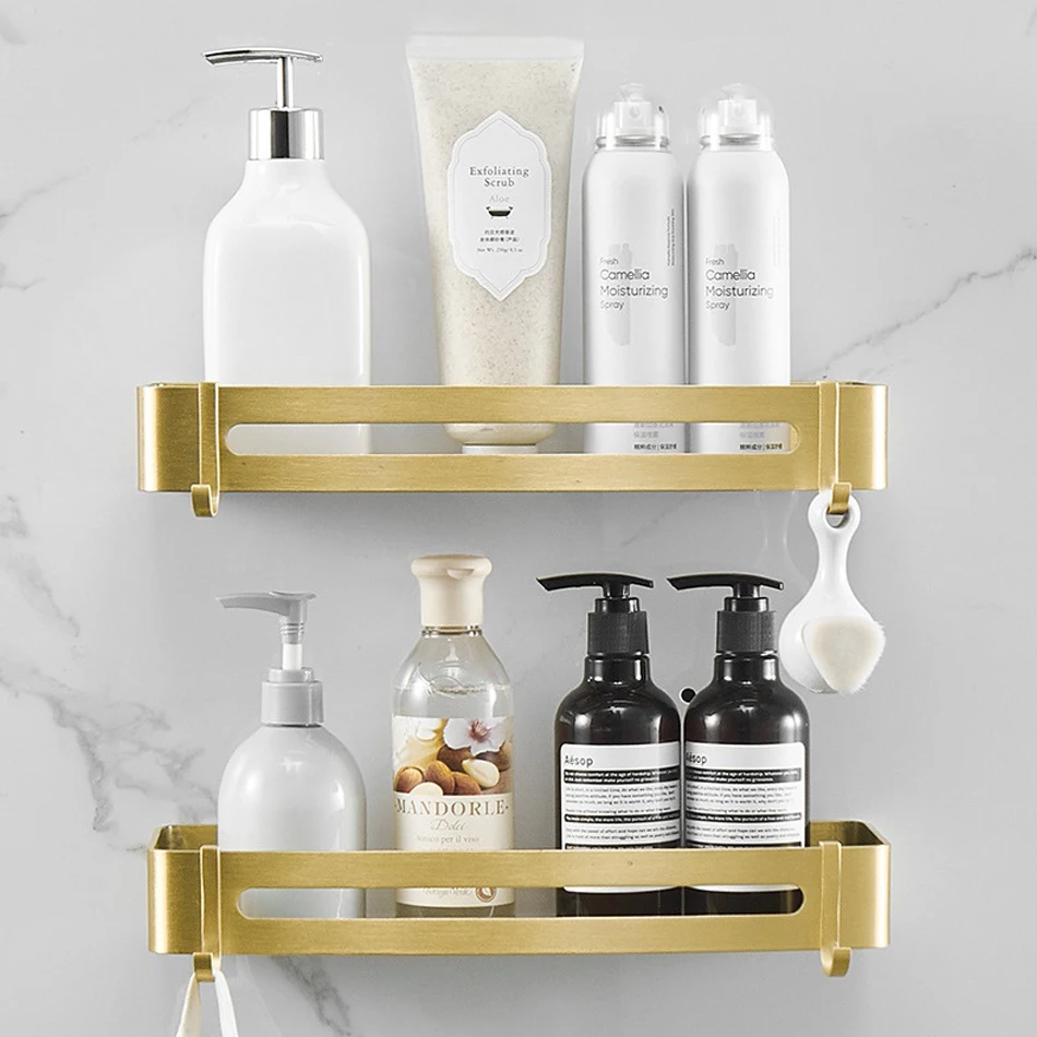 Brushed Gold Bathroom Shelf with Hooks Aluminum Rectangle Kitchen Bathroom Shower Gel Soap Shampoo Storage Organizer Rack Holder