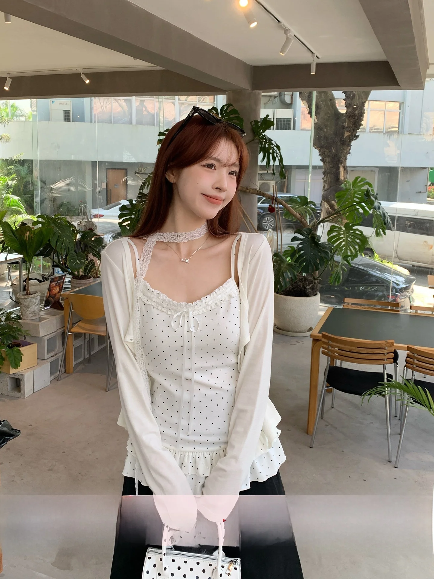 

Комплект Morning Bloom: блузка с длинным рукавом в горошек и кардиган Gentle Wind, комплект из двух предметов, корейский стиль, летний, повседневный, комфортный