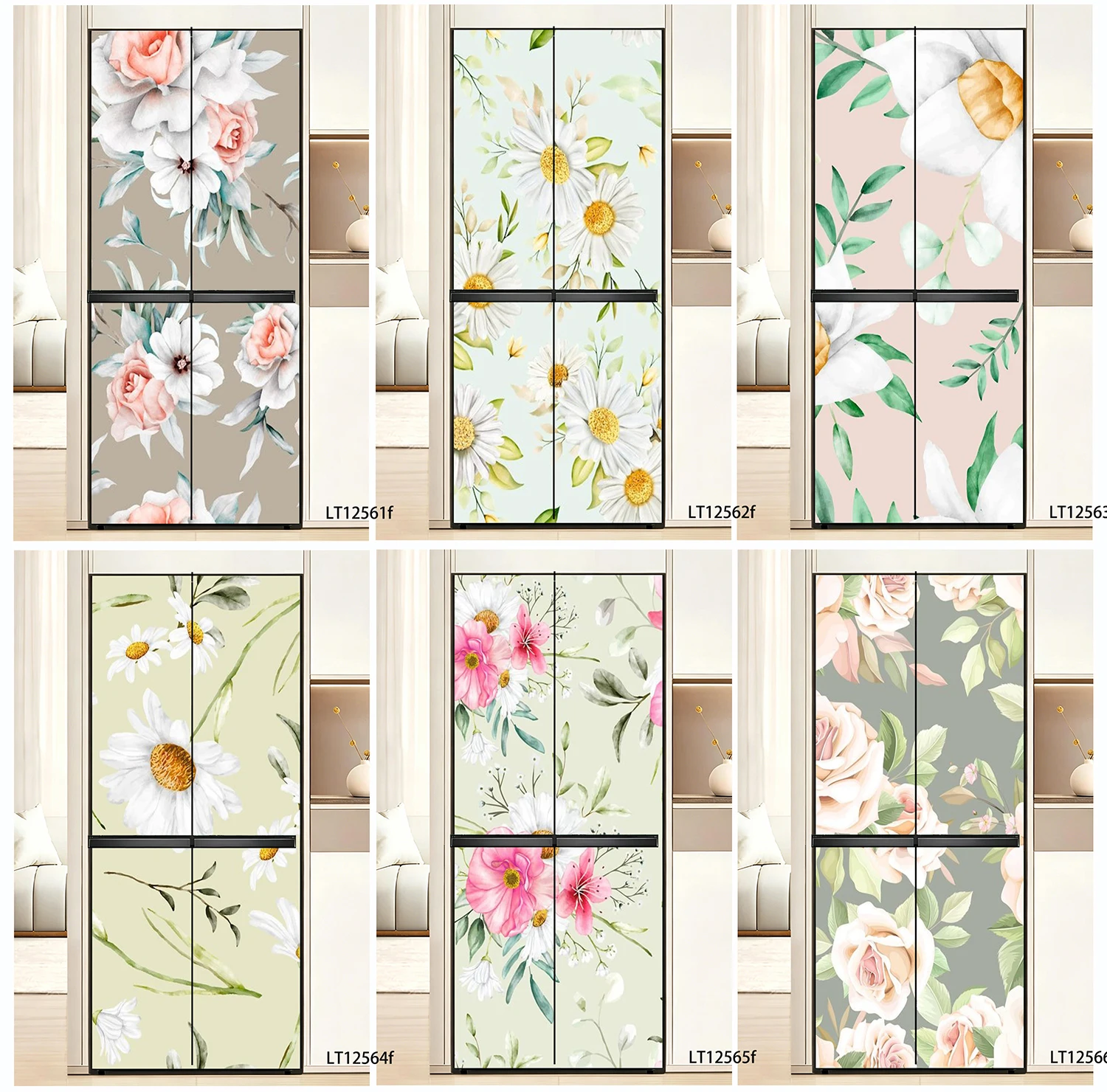 French Watercolor Style Gray Base Pink Rose Fridge Sticker,White Floral With Gray Leaf Waterproof Self-adhesive Cabinet Decal