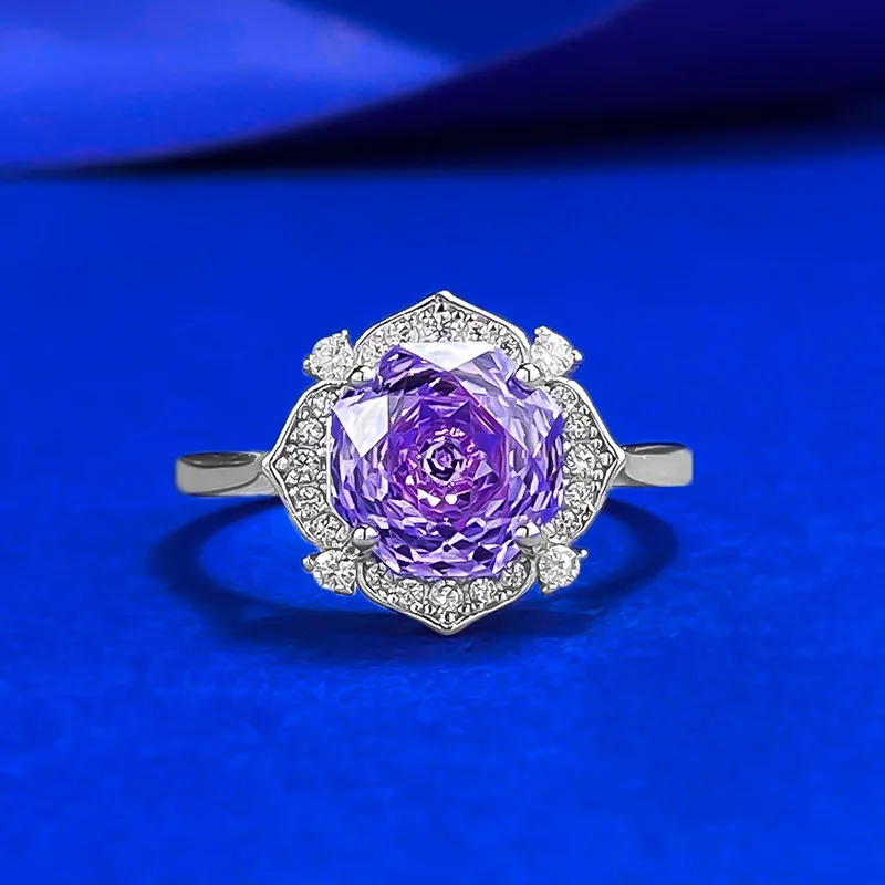 

S925 Silver Live New Product Imported High Carbon Diamond 8 * 8 Millennium Rose Cut Purple Diamond Women's Ring