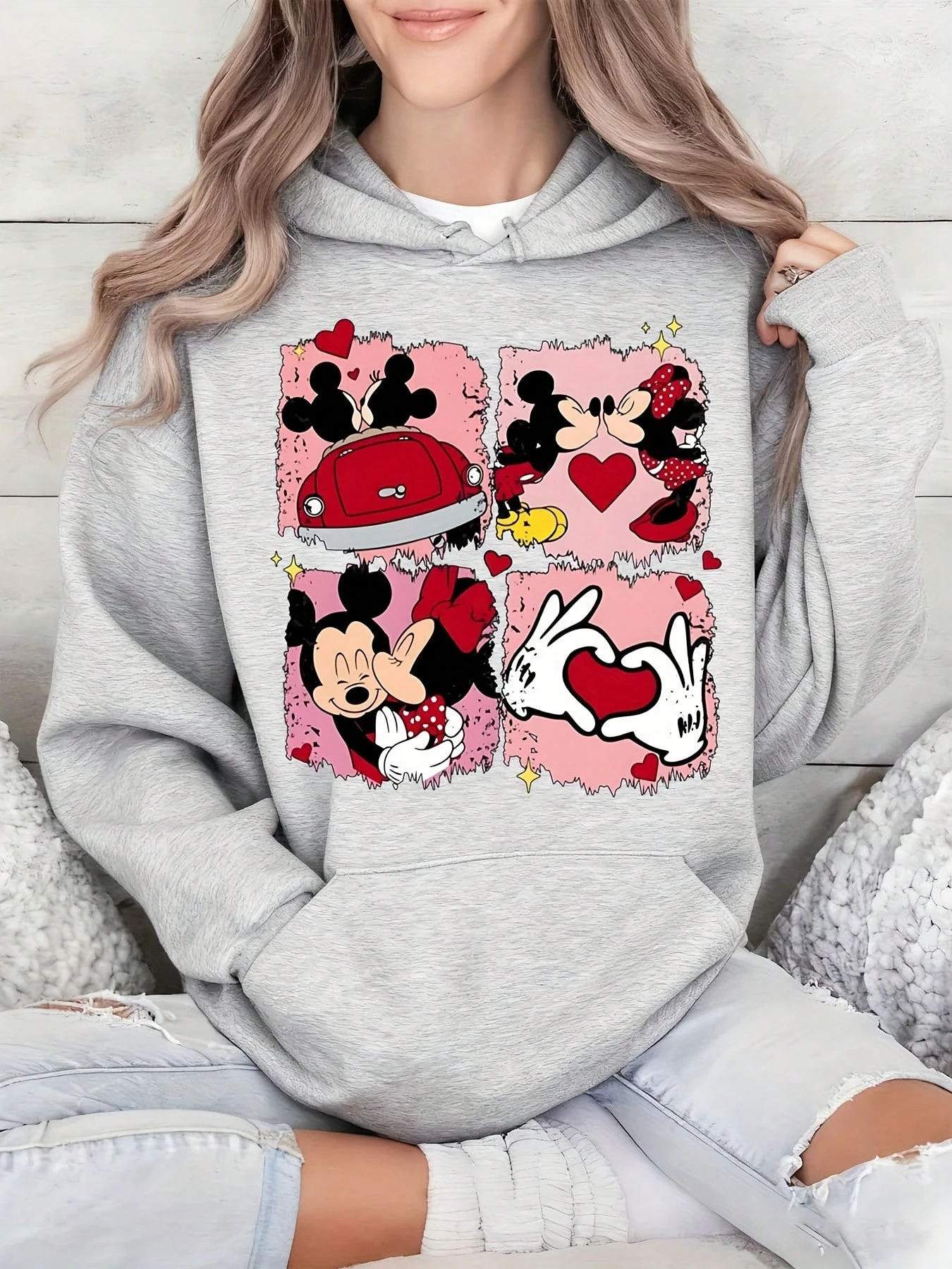

Женская толстовка с капюшоном Disney «Микки и Минни в любви» на День святого Валентина — унисекс, осенне-зимняя флисовая толстовка с капюшоном на каждый день на открытом воздухе
