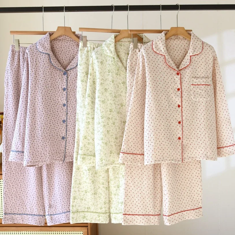 Pigiama da Donna in Garza di Cotone 100% - Nuova Collezione Primavera/Autunno 2026 - Set 2 Pezzi con Stampa Floreale - Abbigliamento da Notte e Loungewear